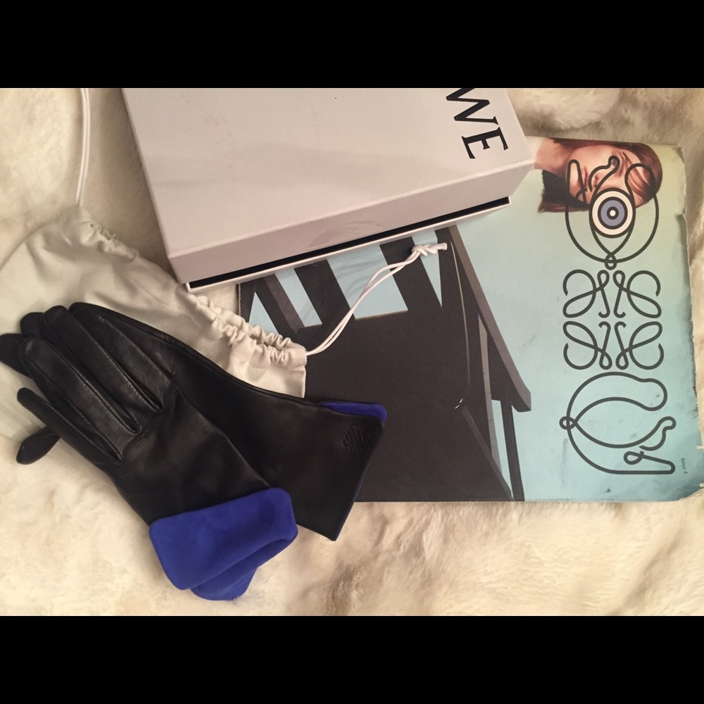Rare Loewe Black Leather Gloves Blue Suede 7.5 - Picture 9 of 9
